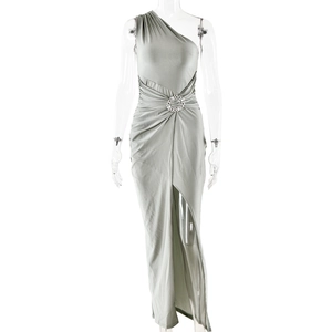 Detail of silver one-shoulder dress with rhinestone buckle and pleated satin fabric