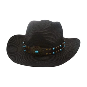 Detail of western cowboy straw hat featuring leather band with turquoise beads and metal buckle