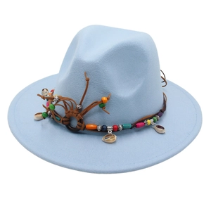 Light blue wool fedora hat with bohemian leather band, colorful beads and seashell charms
