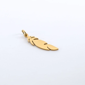 Detailed view of an 18K gold-plated titanium steel feather pendant with a jump ring