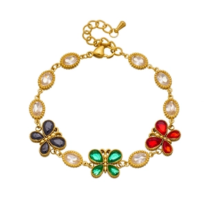 Gold stainless steel butterfly chain bracelet with colorful crystals and oval zircons
