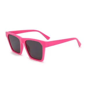 Retro oversized bright fluorescent pink square sunglasses with dark grey lenses
