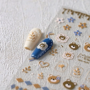 3D embossed bear nail stickers MN-409F with autumn leaves and floral patterns