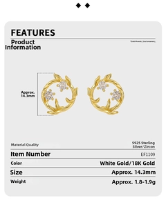 Detail view of S925 silver leaf earrings measuring 14.3mm with cubic zirconia stones