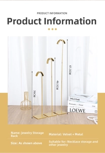 Three-tier gold metal necklace display stands with black velvet hooks in various heights