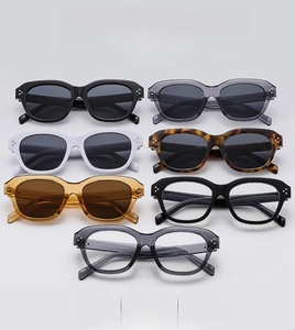 Detailed grid showing square sunglasses with rivets in tortoiseshell and clear gray