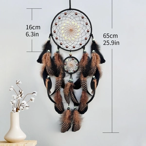 Luminous dream catcher wall decor with brown feathers and beads, 16cm diameter size