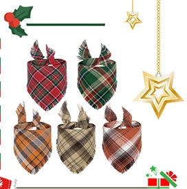 Five-pack Christmas plaid dog bandanas in red, green, and orange cotton fabrics