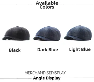 Detailed view of striped denim newsboy caps in black, dark blue, and light blue finishes