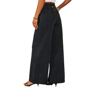 Women high waisted dark grey wide leg denim jeans with back pockets and button details