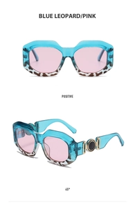 Detail of geometric sun glasses with blue leopard frame and pink transparent lenses