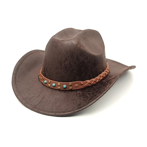 Western Cowboy Hat Vintage Polyester Felt Wide Brim With Turquoise Rivet Band Sun Protection Ethnic Style For Men Women