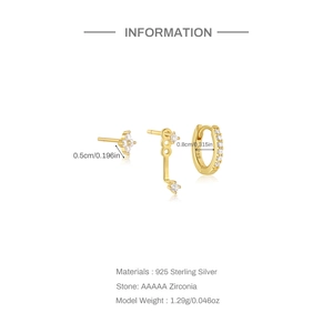 Detailed spec sheet for 925 sterling silver gold earring set with AAAAA cubic zirconia