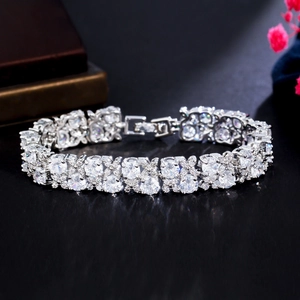 Close-up of silver bracelet with brilliant round and marquise-cut cubic zirconia stones