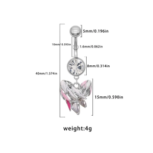Vue détaillée du piercing de nombril papillon rose argenté avec mesures de taille