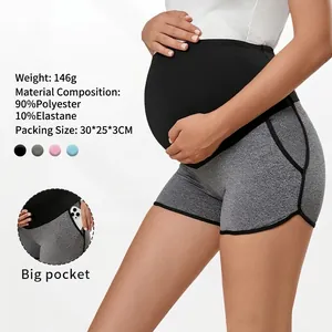 Maternity Sports Shorts High Waist Belly Support Side Pockets Contrast Color Striped Pregnant Women Polyester