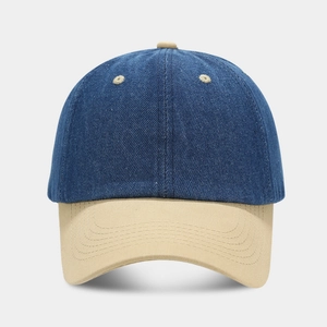 Two-tone denim baseball cap with navy crown and khaki brim in a clean front view