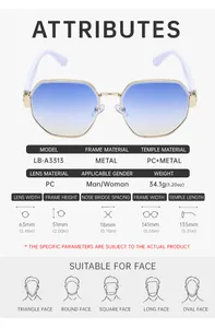 Detailed technical drawing showing dimensions of rimless sunglasses with metal temples