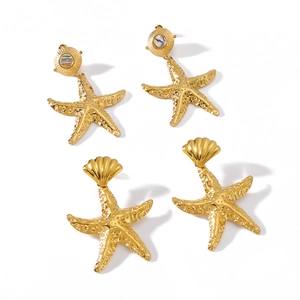 Gold stainless steel ocean-themed earrings featuring starfish and abalone shell charms