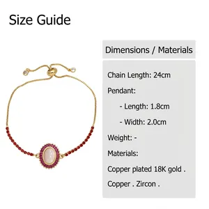 Close-up of gold-plated Virgin Mary bracelet with red zircon and adjustable chain