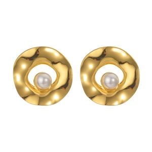 Vintage 18K gold plated stainless steel hollow earrings with white pearls