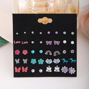 20-pair colorful stud earrings set featuring unicorn, rainbow, and star designs for kids