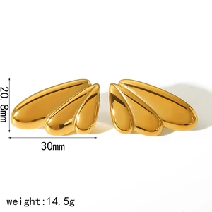 Golden teardrop wing earrings in polished stainless steel with size and weight specs