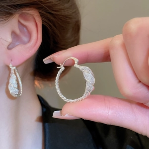 Macro shot of twisted silver hoop earrings with sparkling glitter texture and metallic finish