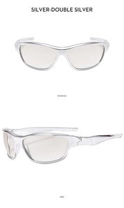 Front and side macro views of silver Y2K cyberpunk sports sunglasses in metallic finish