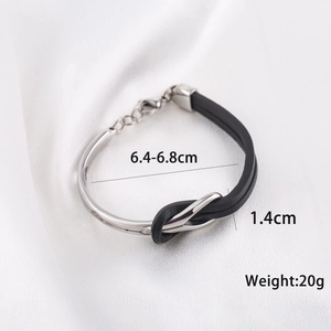 Men's titanium steel bracelet with black PU leather and infinite knot geometry design