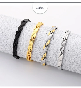 Detail of 7mm dragon weave bracelets in black, gold, and silver stainless steel options