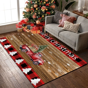 Christmas flannel absorbent mat with vintage red truck and buffalo plaid border décor