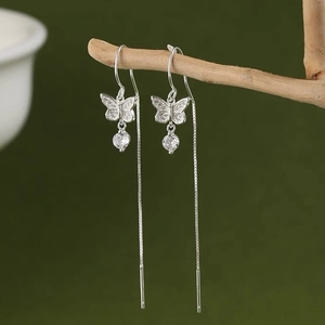 925 Sterling Silver Butterfly Threader Earrings Cubic Zirconia Long Tassel Elegant Dangle Ear Jewelry For Women
