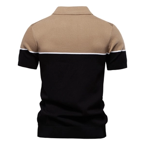 Detail of color-block knit polo shirt with khaki, black and white horizontal stripes