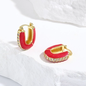 Bohemian gold U-shaped earrings with red enamel and white zircon stones inlay