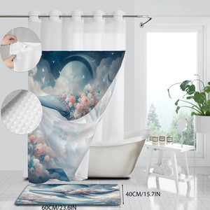 Detail showing waffle weave fabric texture and ocean whale print of the bathroom curtain set