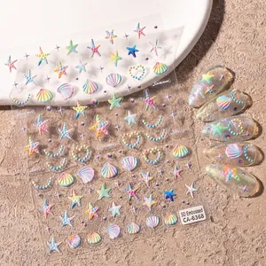 5D embossed summer ocean nail art stickers with 3D colorful starfish and shell designs