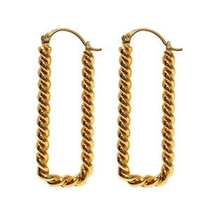 Minimalist gold geometric twisted rectangular hoop earrings with rope texture on white background