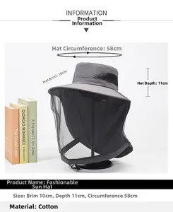 Close-up of cotton sun hat showing 10cm wide brim and protective breathable mesh veil