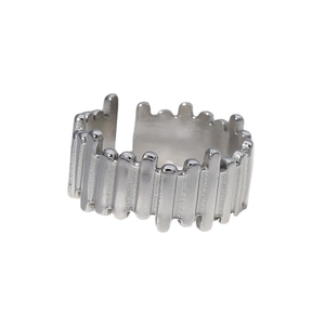 Irregular textured stainless steel open ring with vertical stripes in silver finish