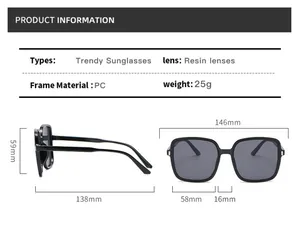 Detailed size chart of trendy oversized sunglasses with frame dimensions and specifications