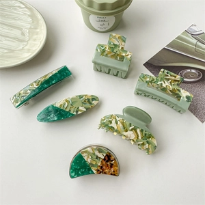 Chic olive green acetate hair claw clips with floral patterns and marble texture set