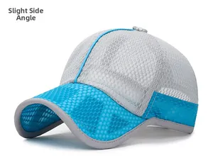 Detailed side view of the breathable mesh baseball cap in grey and blue color