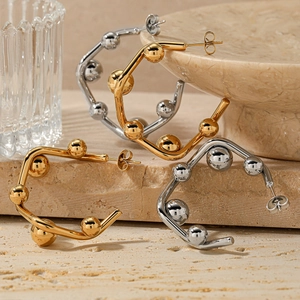Boucles d'Oreilles Créoles En Acier Inoxydable En Forme De C Irrégulières Avec Perles Métalliques Géométriques Pour Femmes