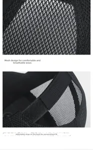 Detail of breathable mesh fabric and adjustable back strap on the black sun hat