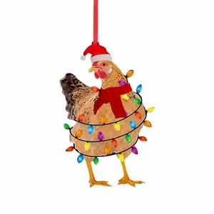 Funny Christmas rooster ornament with red scarf and hat on white background