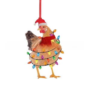 Funny Christmas rooster ornament with red scarf and hat on white background