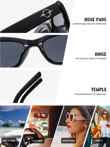 Detail of trendy cat-eye sunglasses featuring reinforced metal hinges and comfortable nose pads