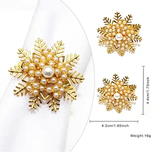 Golden snowflake napkin ring with white pearls, 4.4cm diameter for table decoration