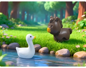 Miniature white duck and brown horse figurines in a fairy garden moss landscape setting